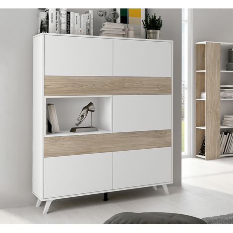 Pegane – Buffet haut en panneau mélaminé blanc/chêne – Dimensions 120.9x39.6x156 cm – 5 portes à ouverture push – Rangement esthétique