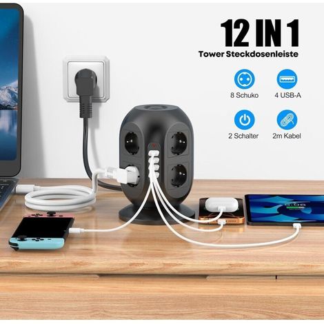 All-in-one power strip - 8 AC outlets and 2 USB ports with surge protection, 2m cable, double switch for home, office or student room (Black) (1/4)