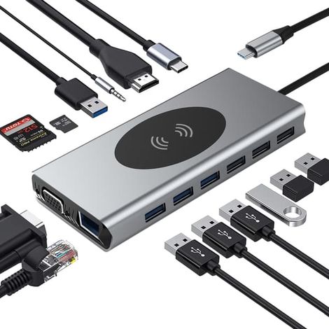 Adaptateur multiport USB-C 15 en 1 avec HDMI, VGA, Ethernet et USB-C PD (1/5)