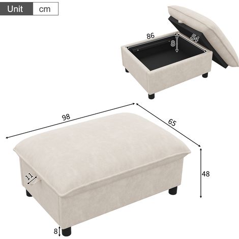 Sofá otomano con almacenamiento, chenilla, banco reposapiés tapizado con patas de 8 cm, cojín de asiento versátil para salón, dormitorio, beige, 98x65x48 cm (1/5)