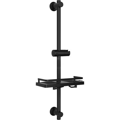 Görbach Barre de douche inox 70 cm avec tablette de douche, support de douchette réglable, installation sans reperçage, fixation murale adaptable aux trous existants, noir (1/5)