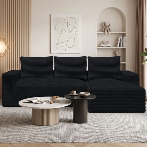 Canapé d'angle Convertible - Xhomrattan - 4 Places - Sans Installation - Canapé en L Droit - Velours Côtelé - Scandinave - Noir