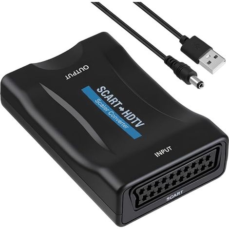 Adaptador SCART a HDMI con cable USB 720p/1080p, convertidor SCART a HDMI para TV, monitor, proyector, audio y video SCART HD compatible con PS3, DVD, VHS, Xbox, Blu-ray, Plug and Play (1/5)