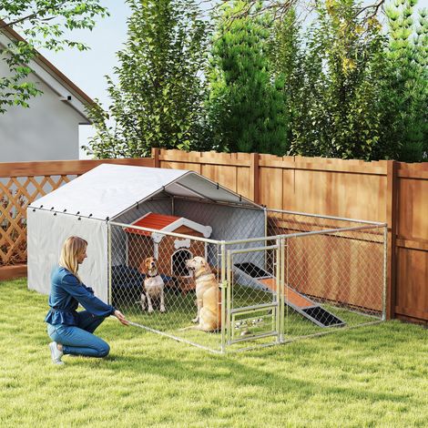 Enclos pour chien avec couvertures et gamelles pivotantes, acier et tissu Oxford, 4x2,3x1,5 m, argent (1/5)