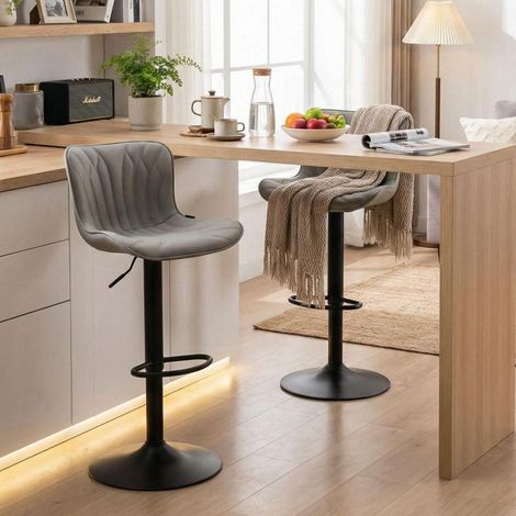 Barhocker 2er Set Kunstleder Grau Höhenverstellbar & Drehbar (1/5)