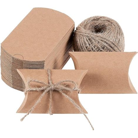 Gift Boxes, 50-Pack Pillow Boxes with Twine, Mini Kraft Boxes, 9 x 6.3 x 2.5 cm (1/5)