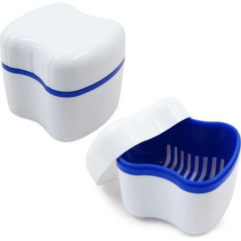 Boîte de rangement pour prothèses dentaires 2 pièces, boîte de rangement pour troisième dents – Organisateur de dents, boîte en plastique PE, tasse orthodontique avec panier filtrant suspendu, étui de (1/5)