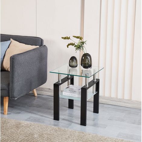 Lot de 2 tables d'appoint en verre trempé transparent, 45 x 45 x 52 cm, pieds noirs HAVRYA (1/5)