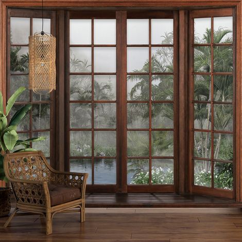 Papier peint panoramique Trompe l'oeil Fenêtre en bois - Forêt Tropicale - 130 cm x 104 cm (1/5)