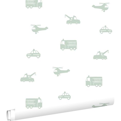 papier peint voitures, camions de pompiers, hélicoptères et grues vert menthe sur blanc - ESTAhome (1/5)