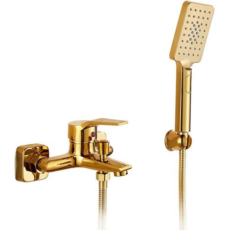 Robinet de baignoire en laiton avec douche à main, fixation murale, support et tuyau inclus, couleur or, avec bec de fond. (1/5)