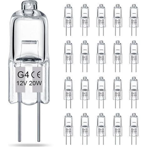 Confezione da 20 lampadine alogene a bassa tensione G4 trasparenti, 12V 20W, regolabili, lunga durata, a due perni, per lampade di cristallo e diffusori di aromaterapia (1/5)