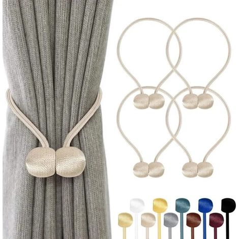 Lot de 4 embrasses rideaux magnétiques – 10 couleurs, corde polyester renforcée – pour salon, chambre, salle à manger - Beige 4 PCS (1/5)