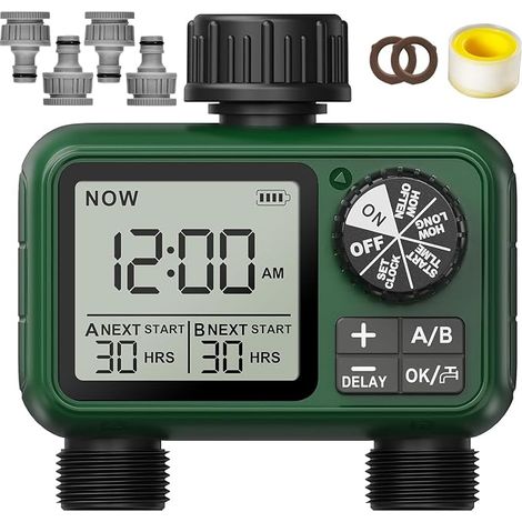 Temporizador de riego bidireccional, pantalla LCD grande, riego automático del jardín, riego programable, fácil de usar, retardo por lluvia, función de riego manual. (1/5)