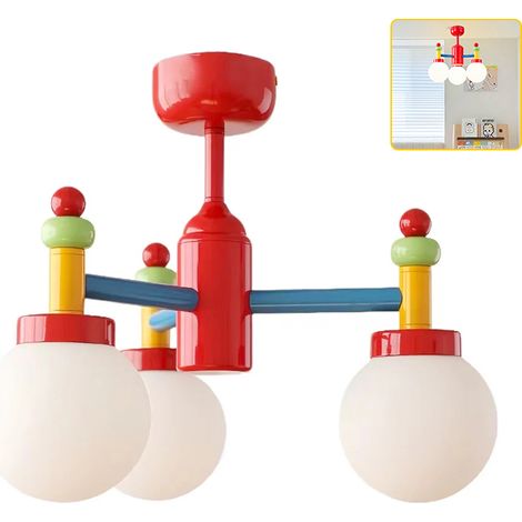 Lustre 3 têtes, Suspension vintage, Plafonnier coloré, Suspension en métal avec abat-jour en verre et 3 ampoules (1/5)