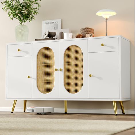 Credenza 4 ante e 2 cassetti con ripiani regolabili 140 x 35 x 82 cm bianco naturale OKWISH (1/5)