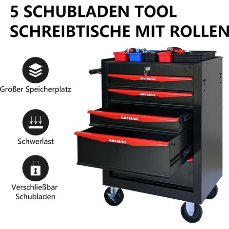 Coffre à outils en acier roulant 5 tiroirs, armoire de rangement noire et rouge avec glissières à billes, boîte organisateur métallique