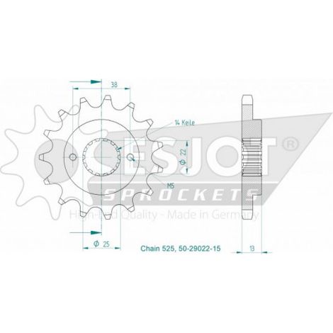 Pignon Cagiva-Ducati - 525 - 15 Dents - Similaire JTF740 - Made in Germany