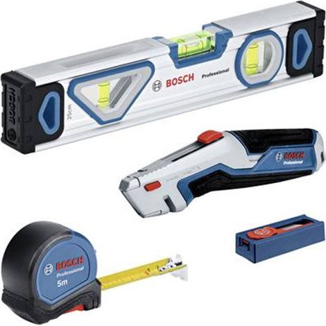 Bosch Professional – Coffret multi-outils 13 pièces 1600A027M3 – Niveau à bulles 25 cm – Mètre ruban 5 m – Couteau rétractable avec 13 lames en acier S2-CVM (1/10)