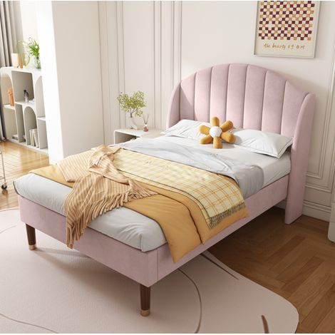 Letto imbottito in velluto rosa 90x200 cm con testiera e rete a doghe inclusa (1/5)