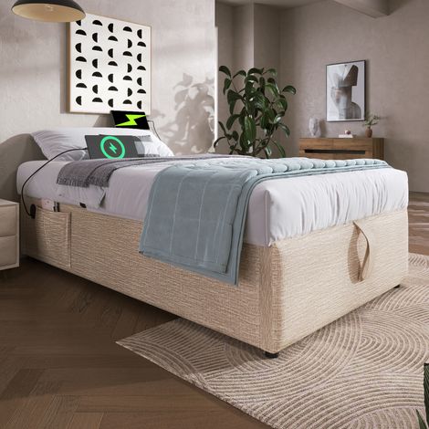 Cama con espacio de almacenamiento de lino beige y natural 90x200 cm con USB/Type-C y base de madera maciza