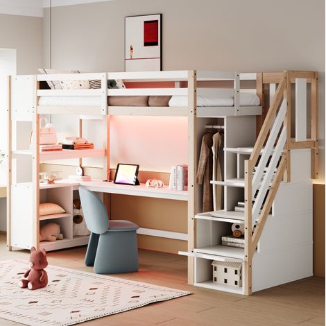 Cama alta dormitorio con escritorio y armario OKMYHOME (1/5)