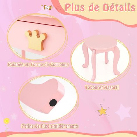 Coiffeuse enfant avec LED 3 couleurs, miroir triptyque amovible et tabouret, 2-en-1 bureau, pour enfants 3-7 ans (1/5)