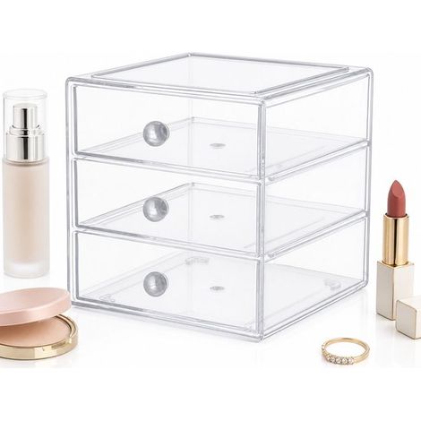 Organisateur de maquillage en acrylique transparent à 3 tiroirs, boîte de rangement pour cosmétiques, bijoux et accessoires de salle de bain (1/5)