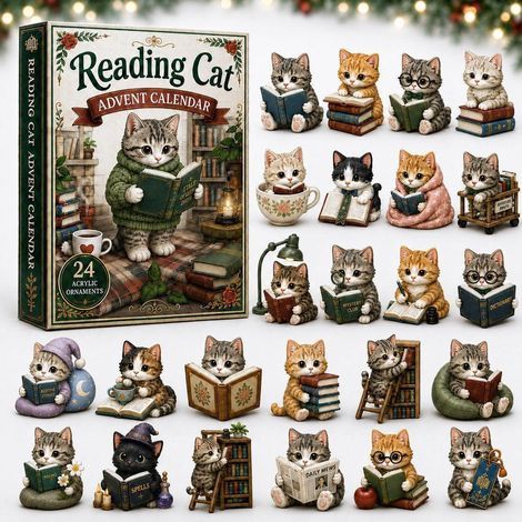 Adventskalender 2026 mit grüner Katze als Lesemotiv – 2D-Überraschungsbox