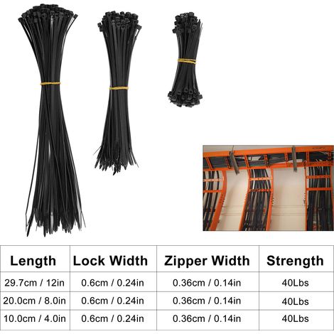 Set mit 300 Kabelbindern in verschiedenen Größen, hochbelastbare, selbstsichernde Kabelbinder, 40 lb Zugfestigkeit, schwarze Kabelbinder, industrielle Nylon-Kabelbinder, geeignet für Garagen und Werks (1/5)