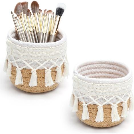 Boho-Baumwollkörbe 10x10 cm: Aufbewahrung für Make-up und Pinsel, dekorativer geflochtener Korb für Schminktisch, Badezimmer, Büro. (1/5)