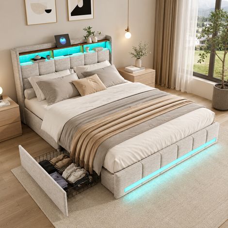 Lit adulte 140x190 cm avec Sommier et Fonction de Charge USB, Lit Double 140x190 cm avec Rangement et Tete de lit, lit Rembourré avec 4 Tiroirs et Cadre de lit, Lin, Beige (1/5)