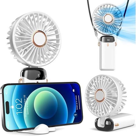 Ventilateur portatif avec base, 5 vitesses, réglable à 90°, mini ventilateur d'extérieur rechargeable,blanc (1/5)