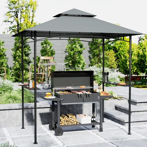 Padiglione da giardino per barbecue in acciaio e poliestere grigio scuro 240x150x258 cm con tetto doppio e luci LED (1/5)