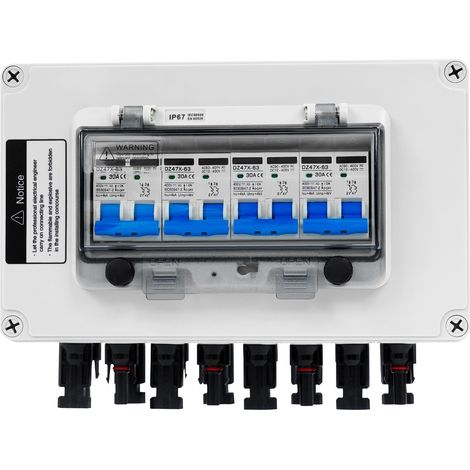 Boîte de jonction photovoltaïque – 4 entrées 4 sorties, 30A, IP67, protection surtension 40kA – Pour panneaux solaires et systèmes hors réseau (1/5)