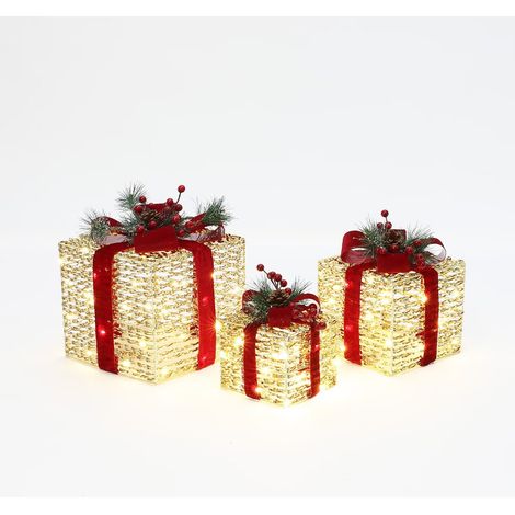 3er-Set LED-Geschenkboxen – Weihnachtsdeko in silber mit roten Schleifen und Beeren – Batteriebetrieben