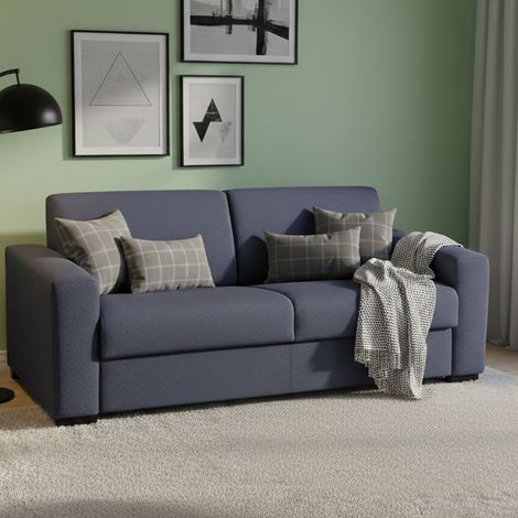 Dmora - Sofa cama Dababo, Sofá de 2 plazas, 100% Made in Italy, Sofá de salón con apertura giratoria, en tela acolchada, con reposabrazos delgados, Cm 160x95h90, Azul (1/5)