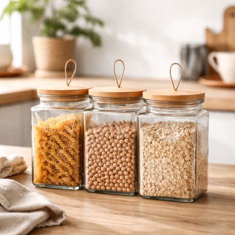 Set de 3 Bocaux en Verre 1500 mL avec Couvercle Hermétique en Bois – Conservation Alimentaire, Cuisine et Stockage Sec (1/5)