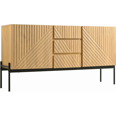 Bahut avec 2 portes et 3 tiroirs, pieds en métal, meuble TV, buffet, commode au design à lignes, dimensions: H75 cm / L140 cm / P40 cm (1/5)