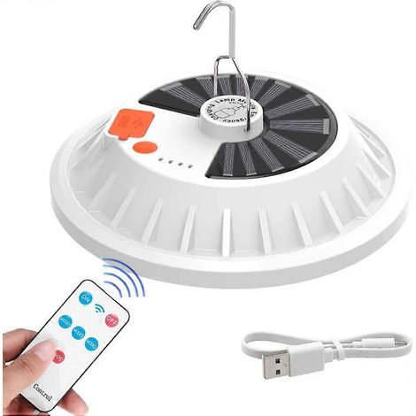Lampe solaire de camping, lanterne suspendue à 120 LED avec télécommande, étanche IP65, 5 modes, chargeur USB portable 1200 mA (plat) (1/5)