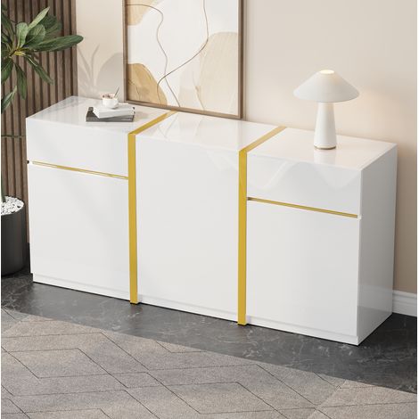 FLORAGRACE Sideboard 160 x 40 x 78 cm en MDF blanc laqué, buffet moderne avec 3 portes, 2 tiroirs et étagères réglables (1/5)