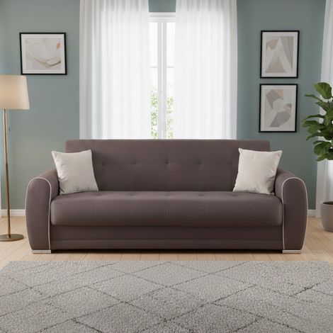 Dmora - Divano letto 3 posti Alfo, Divano contenitore con 2 cuscini, Sofà in tessuto imbottito con apertura click-clack, 224x85h87 cm, Grigio Chiaro (1/5)