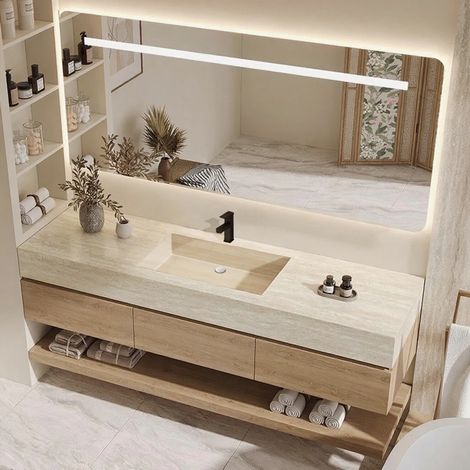 Wandhängendes Waschbecken-Set - Sinterstein - Travertine look, mit Spiegel, Unterschrank, Ablage & Ablauf, mit Armaturenloch 100cm (1/5)
