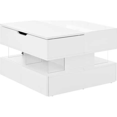 Table basse réglable en hauteur avec éclairage LED 16 couleurs, plateau en verre et supports en acrylique blanc (1/5)