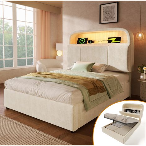 Lit coffre 90x200 cm beige en velours avec tête de lit réglable, LED et station de charge (1/5)
