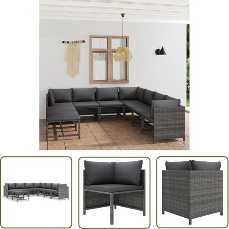 The Living Store 9-tlg. Garten-Lounge-Set mit Kissen Poly Rattan Grau - Gartenmöbel - Loungemöbel - Rattanmöbel - Outdoormöbel - Esszimmergarnitur (1/5)