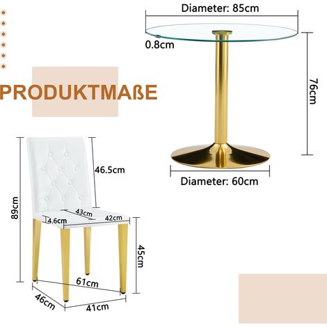 Ensemble table et 4 chaises à manger: table ronde verre trempé 85 cm piètement métal doré, 4 fauteuils blanc or design épuré (1/5)
