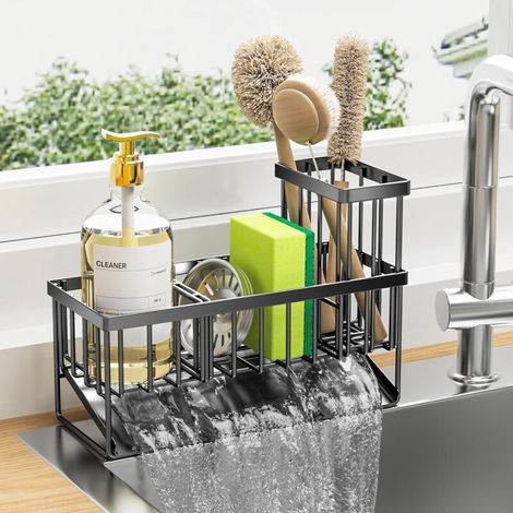 Égouttoir à vaisselle, organisateur et rangement de comptoir de cuisine avec porte-brosse haut, en acier inoxydable 304, organisateur d'ustensiles de cuisine et d'éponges avec séparateurs (1/5)