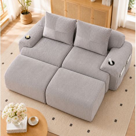 Modulares 2-Sitzer-Sofa aus Cord mit 2 Hockern, Getränkehaltern, Hellgrau OKMYHOME (1/5)
