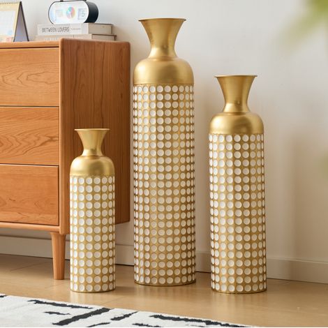 Set di 3 vasi da terra decorativi 24.5x24.5x92 cm, motivo a pois, metallo, bronzo antico e bianco (1/5)